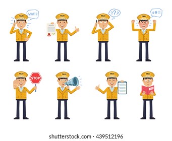 Set of taxi driver characters posing in different situations. Cheerful driver talking on phone, surprised, thinking, angry, holding stop sign, loudspeaker, book, clipboard. Flat vector illustration