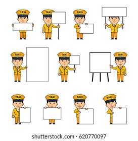 Set of taxi driver characters posing with various blank banners. Funny driver holding paper, poster, placard, pointing to whiteboard. Teach, advertise. Simple vector illustration