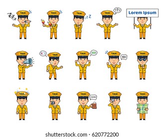 Set of taxi driver characters showing various actions, emotions. Funny driver singing, sleeping, thinking, holding placard, loudspeaker, map, dazed and doing other actions. Simple vector illustration