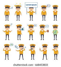 Set of taxi driver characters showing diverse actions, emotions. Funny taxi driver singing, sleeping, dazed, holding map, loudspeaker and showing other actions. Simple vector illustration
