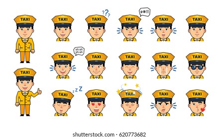 Set of taxi driver emoticons. Funny driver emojis showing various facial expressions. Happy, sad, smile, laugh, surprised, serious, dazed, sleep and other emotions. Simple vector illustration