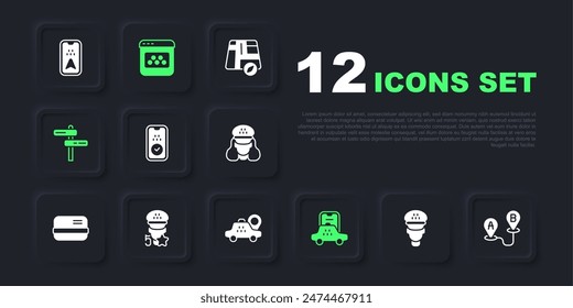 Set Taxi driver, Route location, mobile app, Road traffic sign, service rating,  and Location taxi car icon. Vector