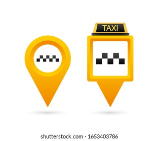 Icono de taxi. Mapa del pasador con la señal de cheques de taxi. Ilustración de material vectorial.