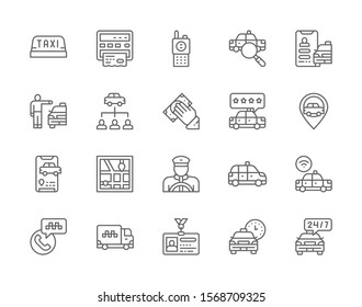 Set of Taxi Line Icons. Taxi Meter, Truck, Delivery, Walkie Talkie, Carsharing, Car Sharing Service, Cash Payment, City Map Navigation, Cabbie, Taxicab, Id Card and more.