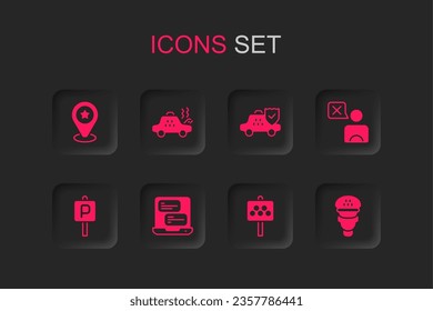 Set Taxi mobile app, Broken taxi car, Location with star, Road sign for stand, driver, insurance and Parking icon. Vector