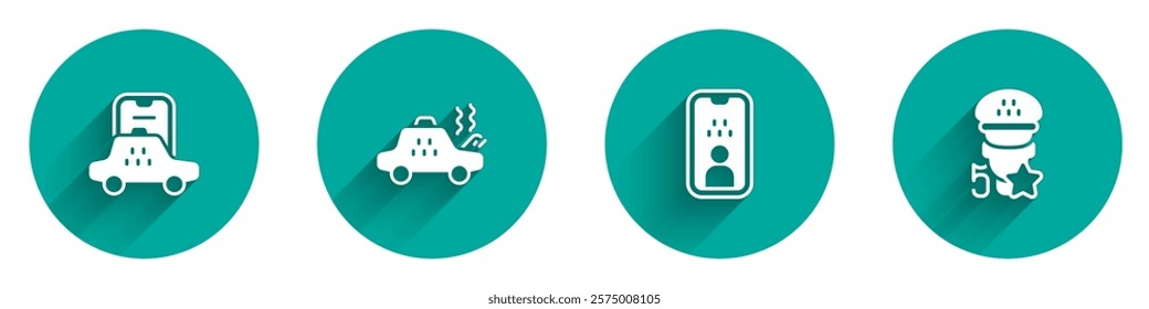 Set Taxi mobile app, Broken taxi car, driver license and service rating icon with long shadow. Vector