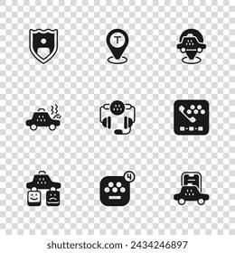 Set Taxi mobile App, Anruf-Telefonservice, Standort-Taxi-Auto, Lebensversicherung mit Schild und defektes Symbol. Vektor
