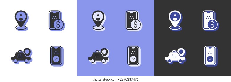 Set Taxi mobile app, client, Location taxi car and Mobile banking icon. Vector
