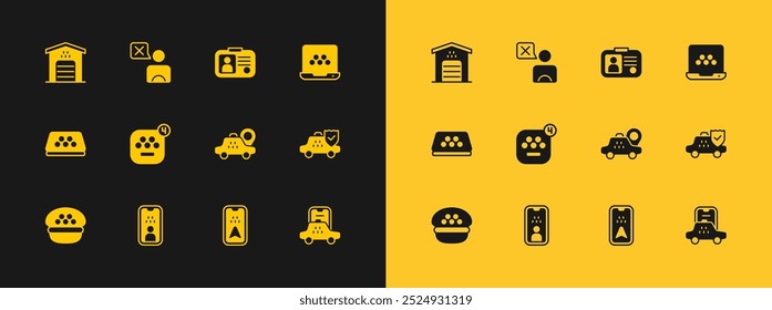 App móvil del taxi, Licencia del conductor, coche del taxi de la Locación, infografía del mapa de la ciudad, garaje para e icono. Vector