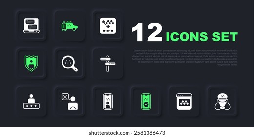 Set Taxi mobile app, driver, Search taxi, Life insurance with shield, car and license icon. Vector