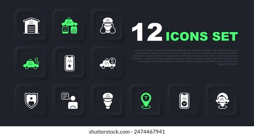 Set Taxi mobile app, Location taxi car, Broken, driver, service rating and  icon. Vector