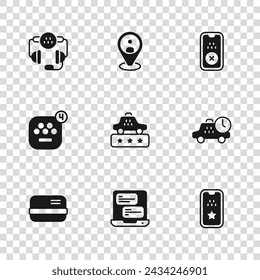 Establecer la aplicación móvil de Taxi, tiempo de espera, calificación de servicio, teléfono de llamada, cliente e icono. Vector