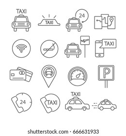 Set of taxi Related Vector Line Icons. Contains such icon as taxi service, taxi cab, traffic,transportation,driver, navigation, speedometer