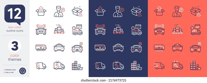 Set Of Taxi, Send Box And Boxes Pallet Line Icons. Include Truck Delivery, Delivery Warning, Parking Icons. Bus Tour, Car, Inventory Web Elements. Car Service, Valet Servant. Vector