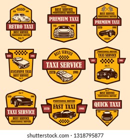 Set of taxi service emblems. Design element for logo, label, sign, poster, card. Vector illustration