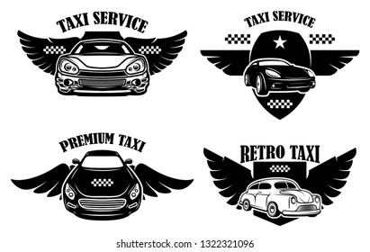 Set of taxi service emblems. Signs with winged taxi cars. Design element for logo, label, sign, poster. Vector illustration