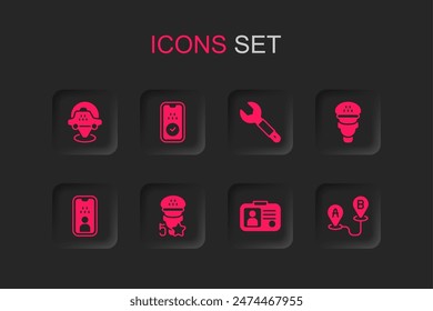 Set Taxi service rating, mobile app, Location taxi car, driver license, Route location, Wrench spanner and  icon. Vector
