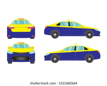 Set of taxi yellow blue car view on white backgruond,illustration vector,Side, front, back,Business sedan isolated
