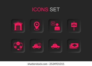 Set Taximeter device, Location with star, Garage for taxi car, Road sign stand, Stacks paper money cash, driver and call telephone service icon. Vector