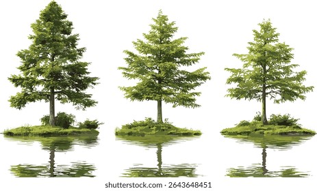 Set of Taxodium distichum bald cypress trees isolated cutout, swamp cypress frontal view, baldcypress forest, vector illustration, wetland trees, southern U.S. flora, landscape design.