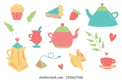 Set of tea accessories. Afternoon tea time. Hand-drawn vector set of tea ceremony elements: kettle, leaves, cake, muffin and other tasty food. Tea Time collection. Cartoon vector illustration