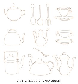 Set of Tea accessories. Hand-drawn in a children's style. Isolated on a green background. Vector illustration