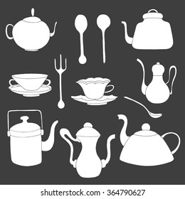 Set of Tea accessories. Hand-drawn in a children's style. Isolated on a black background. Vector illustration