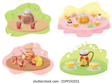 Set of tea background with composition of teapot, cups, herbs, flowers and leaves. Hot drink with thyme, rosemary, mint,  jasmine, clover, fruits, berries and tea cups. Icon, simbol, design element