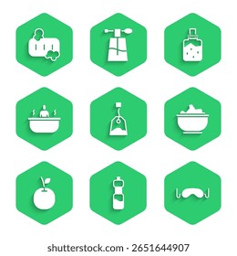 Set Tea bag, Bottle of water, Eye sleep mask, Sea salt in bowl, Apple, Bathtub, Spa and Bar soap with foam icon. Vector