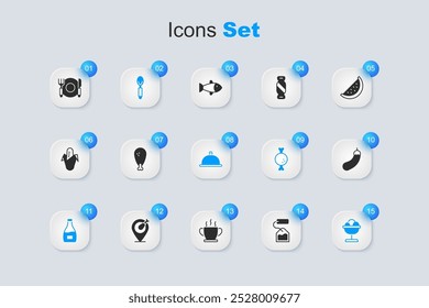 Set Tea bag, Chicken leg, Spoon, Sauce bottle, Ice cream in the bowl, Eggplant, Plate, fork and knife and Covered with tray of food icon. Vector