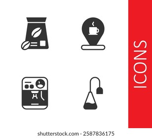 Set Tea bag, Bag of coffee beans, Coffee machine and Location with cup icon. Vector