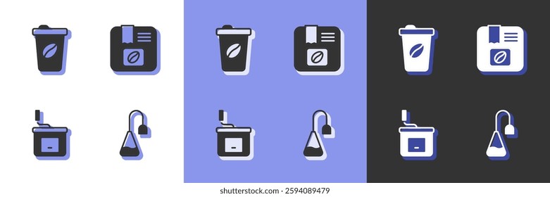 Set Tea bag, Coffee cup to go, Manual coffee grinder and Bag beans icon. Vector