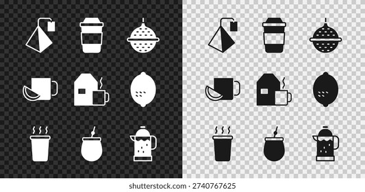 Set Tea bag, Cup of tea, Ball strainer, Mate, French press, with lemon and milk icon. Vector