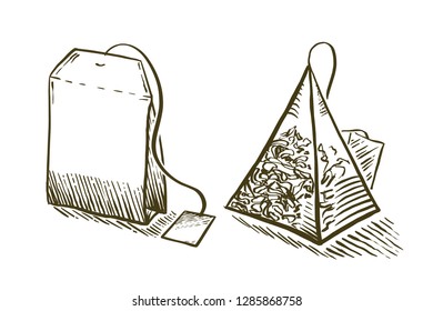 Set of tea bag in engraving style. Hand drawn vector illustration. Pyramid shaped bag of tea.