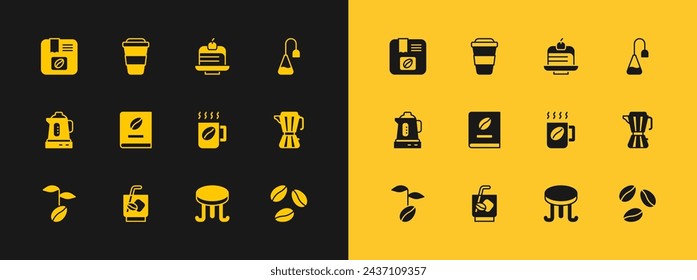 Set Tea bag, Espresso tonic coffee, Coffee cup, table, book, Piece cake, Bag beans and go icon. Vector