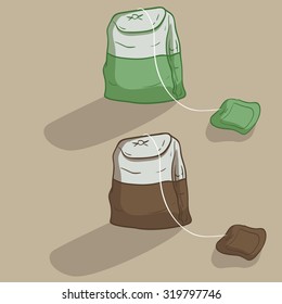 Set Of Tea Bag. Green And Brown With Outline