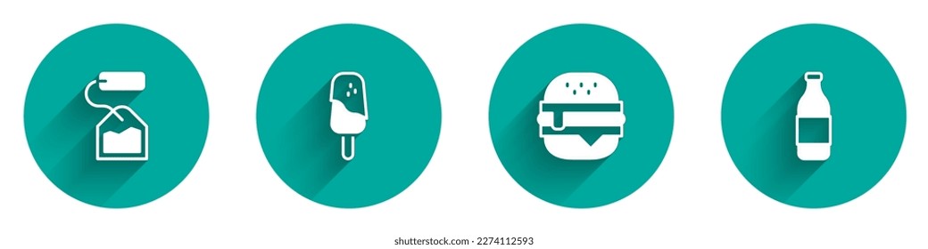 Set Tea bag, Ice cream, Burger and Bottle of wine icon with long shadow. Vector