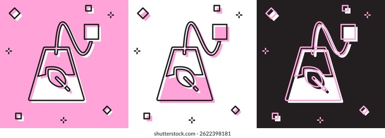 Set Tea bag icon isolated on pink and white, black background.  Vector