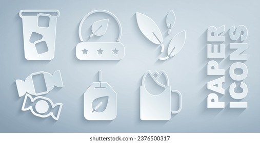 Set Tea bag with leaf, Candy, Cup of tea rose,  and Ice icon. Vector