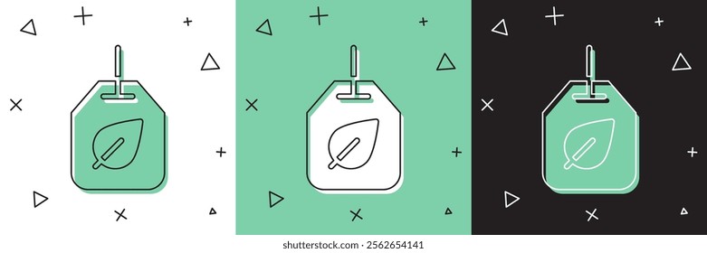 Set Tea bag with leaf icon isolated on white and green, black background.  Vector