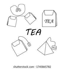 Ponga una bolsa de té. Ilustración lineal. Doodle, ilustración de esquema simple
