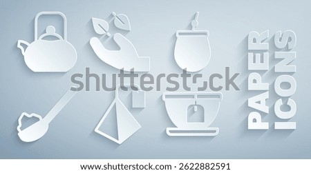 Set Tea bag, Mate tea, Spoon with sugar, Cup, leaf in hand and Kettle handle icon. Vector