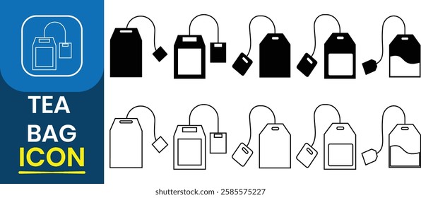 Set of tea bag vector icon. Breakfast beverage symbol. Herbal tea bag packaging for morning beverage. Brew hot drink sign. Vector illustration.