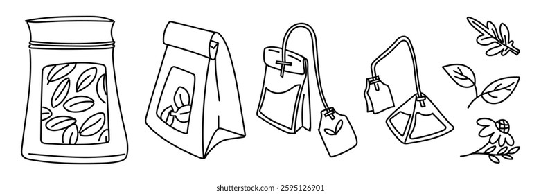 set of tea bags, tea bag with different flavors. It is suitable for use in tea packaging design, product branding, marketing materials and culinary blogs, as well as in the production of tea products.