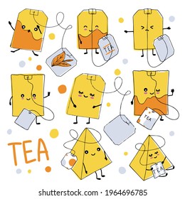 A set of tea bags with cute doodle style faces. Orange tea bags with tags ..