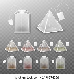 Set of tea bags isolated on transparent background. Realistic vector tea bag with label.