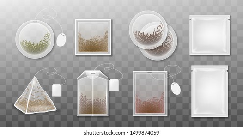 Set of tea bags isolated on transparent background. Realistic vector tea bag with label.