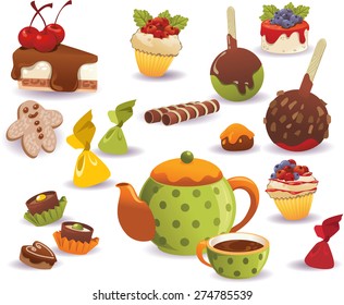 Set of tea, cakes and other sweet food, isolated on white background.