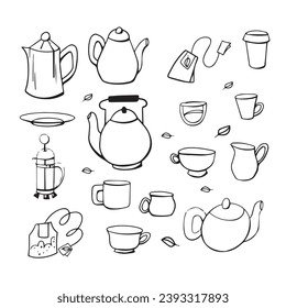 Set for a tea ceremony. Hand-drawn Mugs, glasses, cup, teapots. Design for banner, poster and menu cafe.