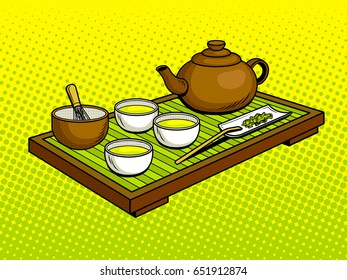 Set for tea ceremony pop art hand drawn vector illustration.